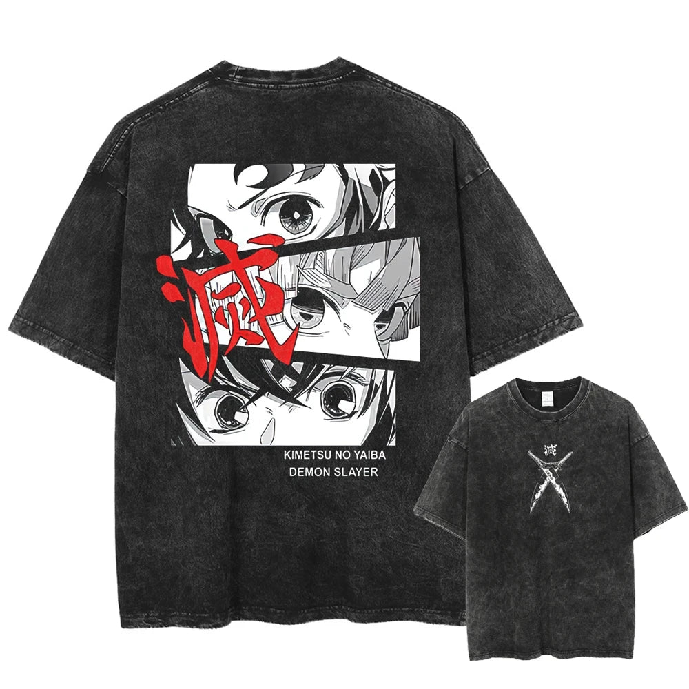 Men's  Acid TShirt Streetwear Oversized Japanese Anime Graphic T Shirt Summer Washed Black Tshirt Harajuku Cotton Tees Tops