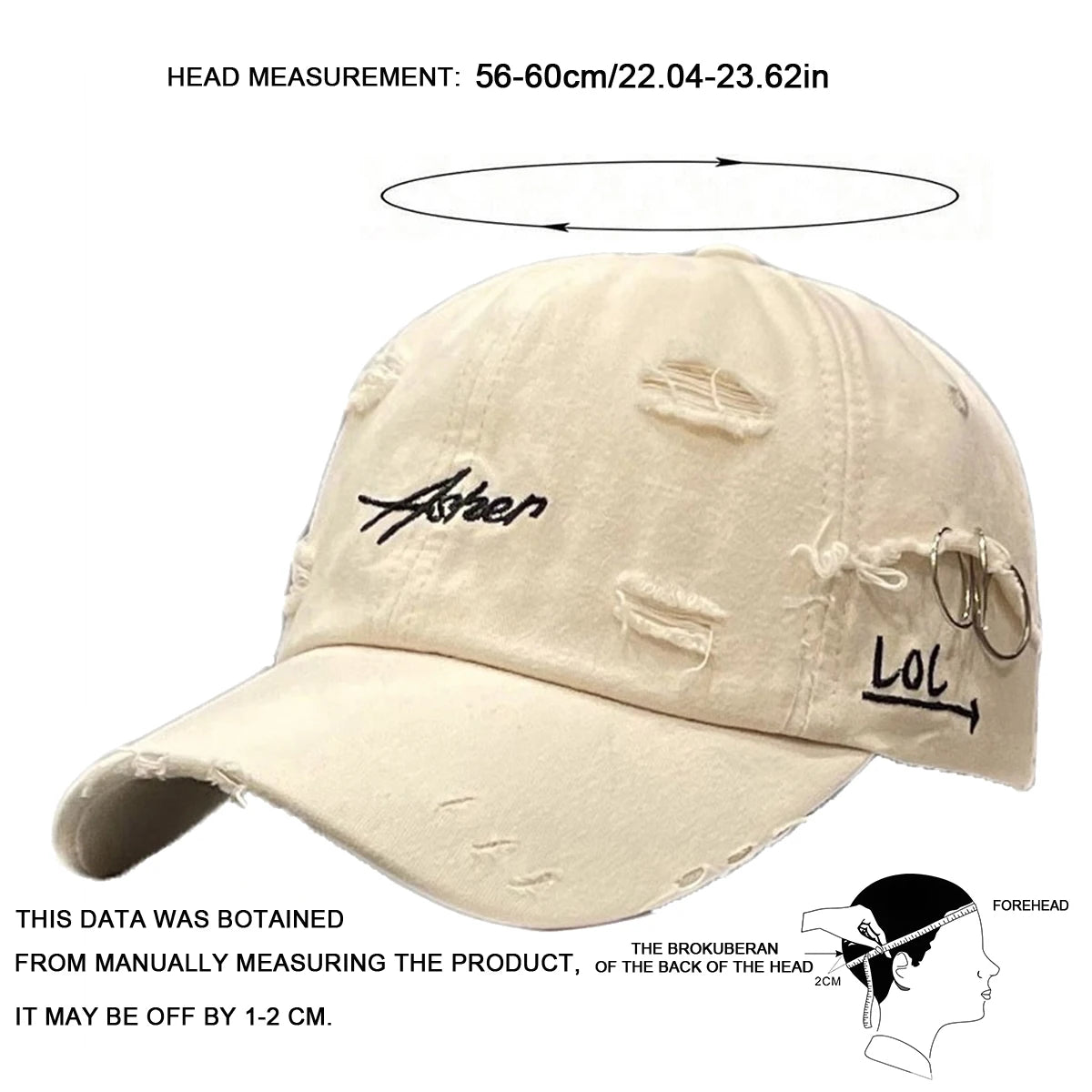 Unisex Asher Embroidered Perforated Iron Ring Baseball Caps Spring Autumn Outdoor Adjustable Casual Hats Sunscreen Hat