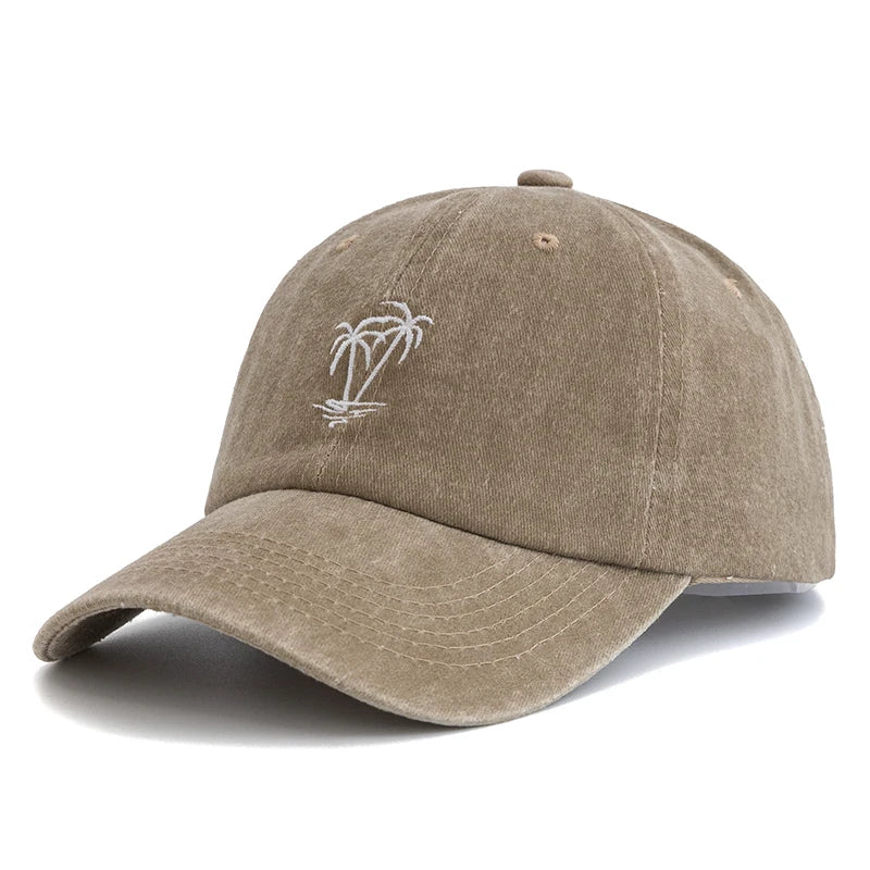 New Unisex Washed Cotton Cap Coconut Tree Embroidery Vintage Baseball Cap Men Women Casual Outdoor Dad Hats