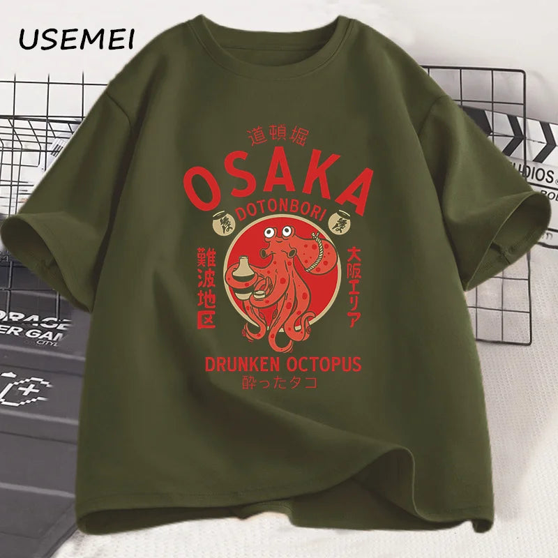 Osaka Dotonbori Drunken Octopus Graphic T Shirts Japanese Style Street Food Lover Tshirt Cotton Vintage Short Sleeve Tees