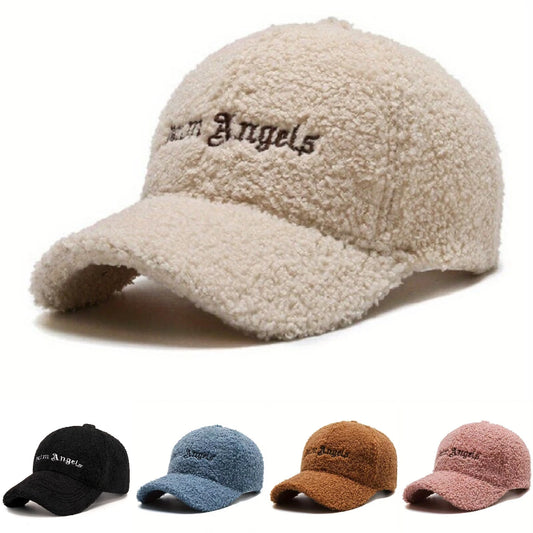 Letter Embroidery Baseball Cap Solid Color Lamb Wool for Warmth Duckbill Cap Teddy Plush Street Fashion Versatile Hip-hop Cap