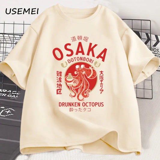 Osaka Dotonbori Drunken Octopus Graphic T Shirts Japanese Style Street Food Lover Tshirt Cotton Vintage Short Sleeve Tees