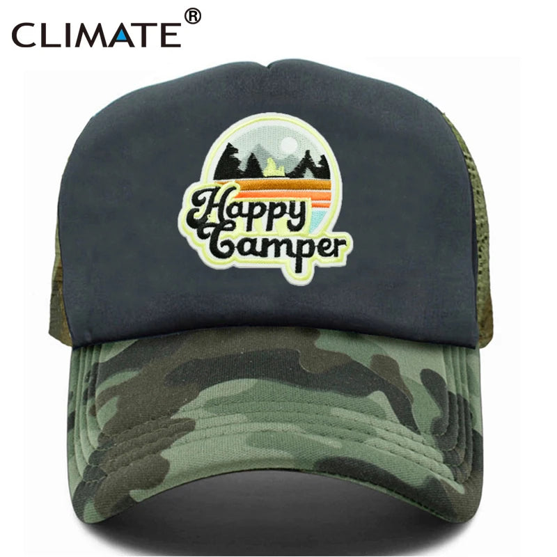 CLIMATE Happy Camp Cap Summer Camp Camping Trucker Cap Cool Camper Hiking Outdoor Sport Hat Cap Cool Mesh Cap Men Women Kid