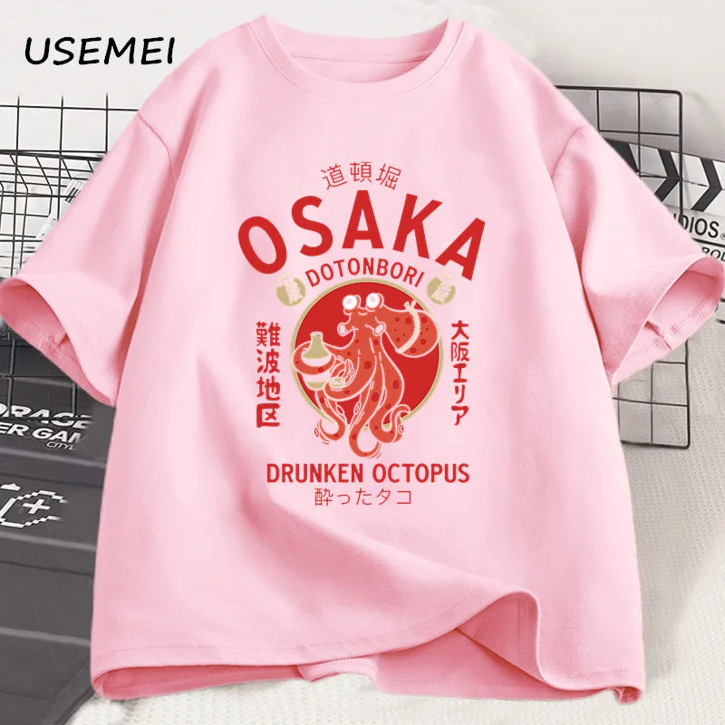 Osaka Dotonbori Drunken Octopus Graphic T Shirts Japanese Style Street Food Lover Tshirt Cotton Vintage Short Sleeve Tees