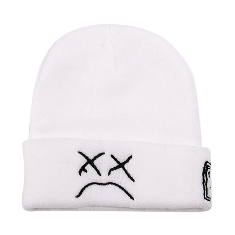 Winter LilPeep embroidered knitted hat sad face expression funny men women beanie hat