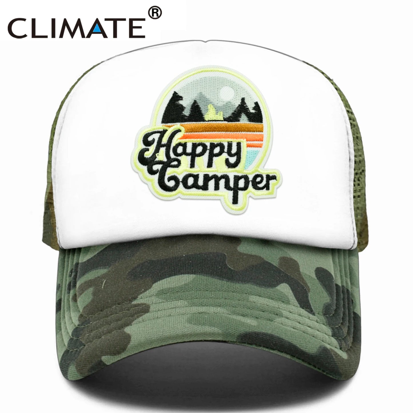 CLIMATE Happy Camp Cap Summer Camp Camping Trucker Cap Cool Camper Hiking Outdoor Sport Hat Cap Cool Mesh Cap Men Women Kid