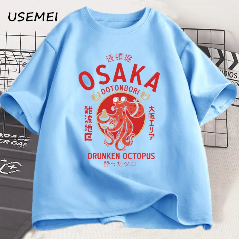 Osaka Dotonbori Drunken Octopus Graphic T Shirts Japanese Style Street Food Lover Tshirt Cotton Vintage Short Sleeve Tees