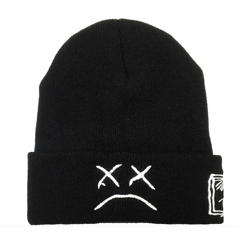 Winter LilPeep embroidered knitted hat sad face expression funny men women beanie hat