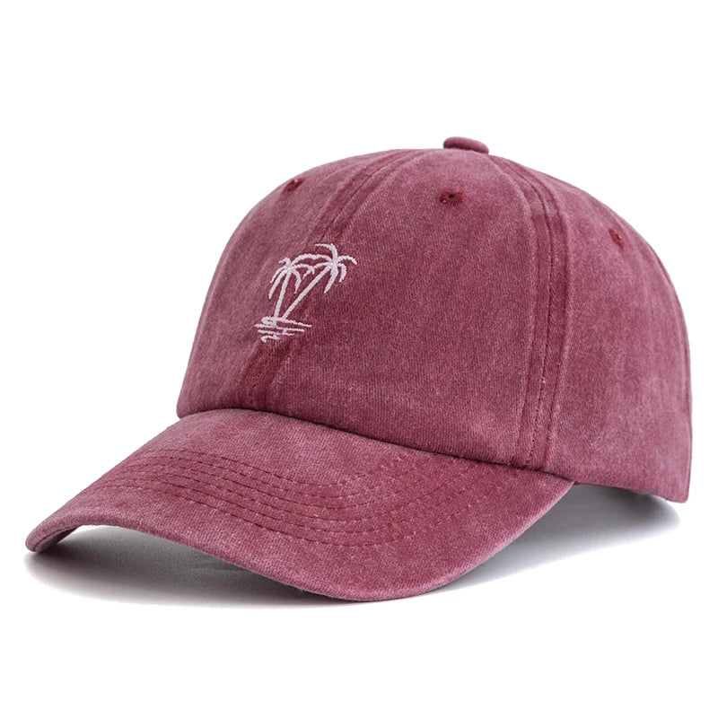 New Unisex Washed Cotton Cap Coconut Tree Embroidery Vintage Baseball Cap Men Women Casual Outdoor Dad Hats