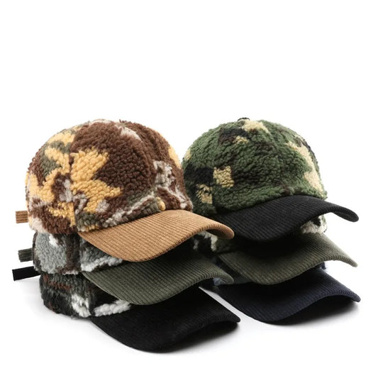 Autumn and winter men and women warm thick camouflage corduroy baseball cap men's winter wool fashion cap