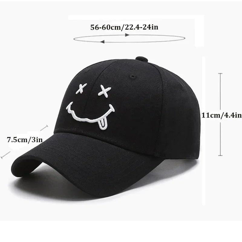 Women's Smile Face Embroidery Baseball Caps Kpop Black Cotton Adjustable Snapback Funny Hip Hop Cap Autumn Sun Dad Hats for Mens