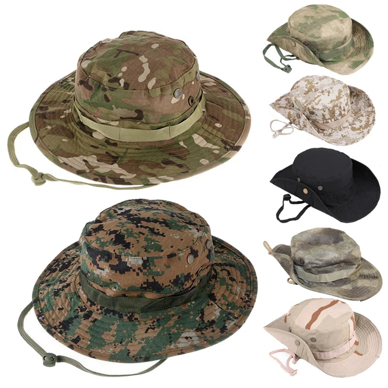 Camouflage Tactical Boonie Hats Camping Climbing Bucket Sniper Hat Men Outdoor Fishing Hiking Cap Sun Protective Boonie Caps