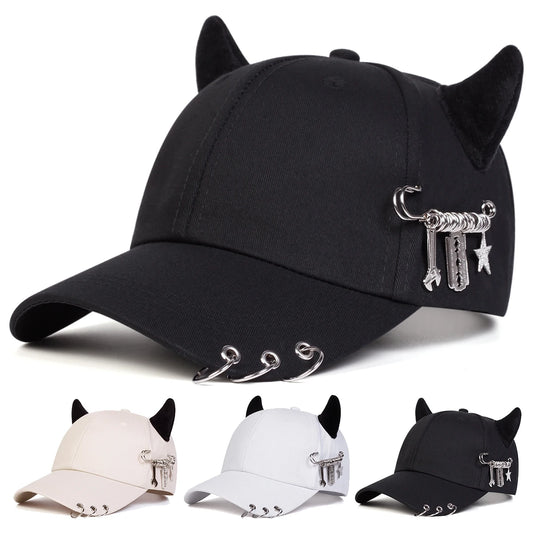 Unisex Lron Ring Cow Horn Personality Baseball Caps Spring Autumn Outdoor Adjustable Casual Hats Sunscreen Hat