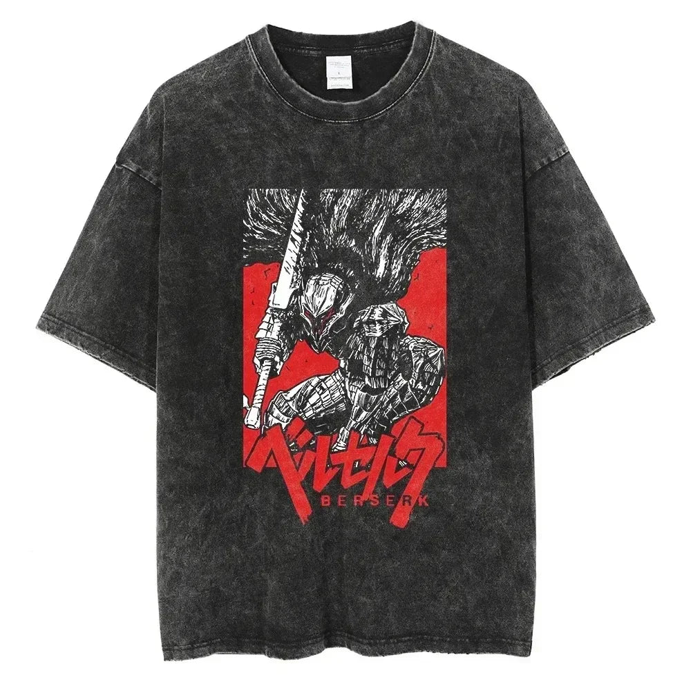 Berserk Print T Shirt Men Vintage Washed T-Shirt Anime Guts Graphic Tshirt Hiphop Streetwear Tees Summer Casual Berserk Clothes