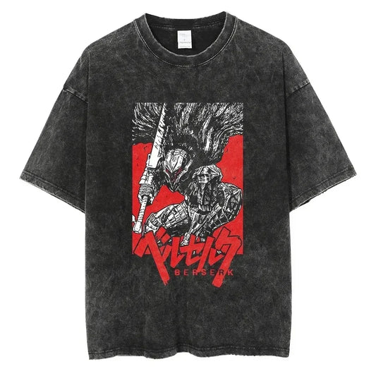 Berserk Print T Shirt Men Vintage Washed T-Shirt Anime Guts Graphic Tshirt Hiphop Streetwear Tees Summer Casual Berserk Clothes