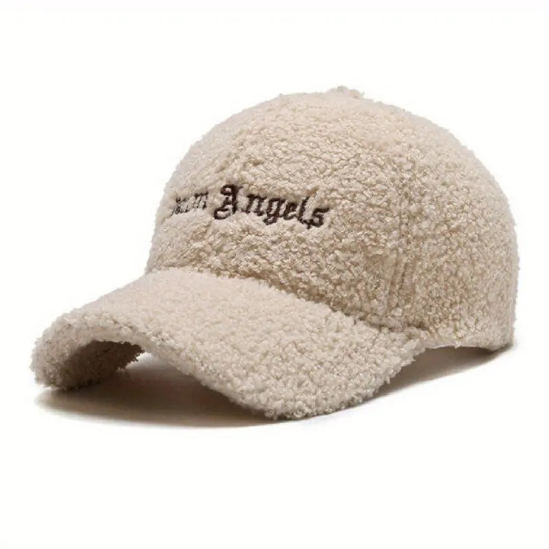 Letter Embroidery Baseball Cap Solid Color Lamb Wool for Warmth Duckbill Cap Teddy Plush Street Fashion Versatile Hip-hop Cap