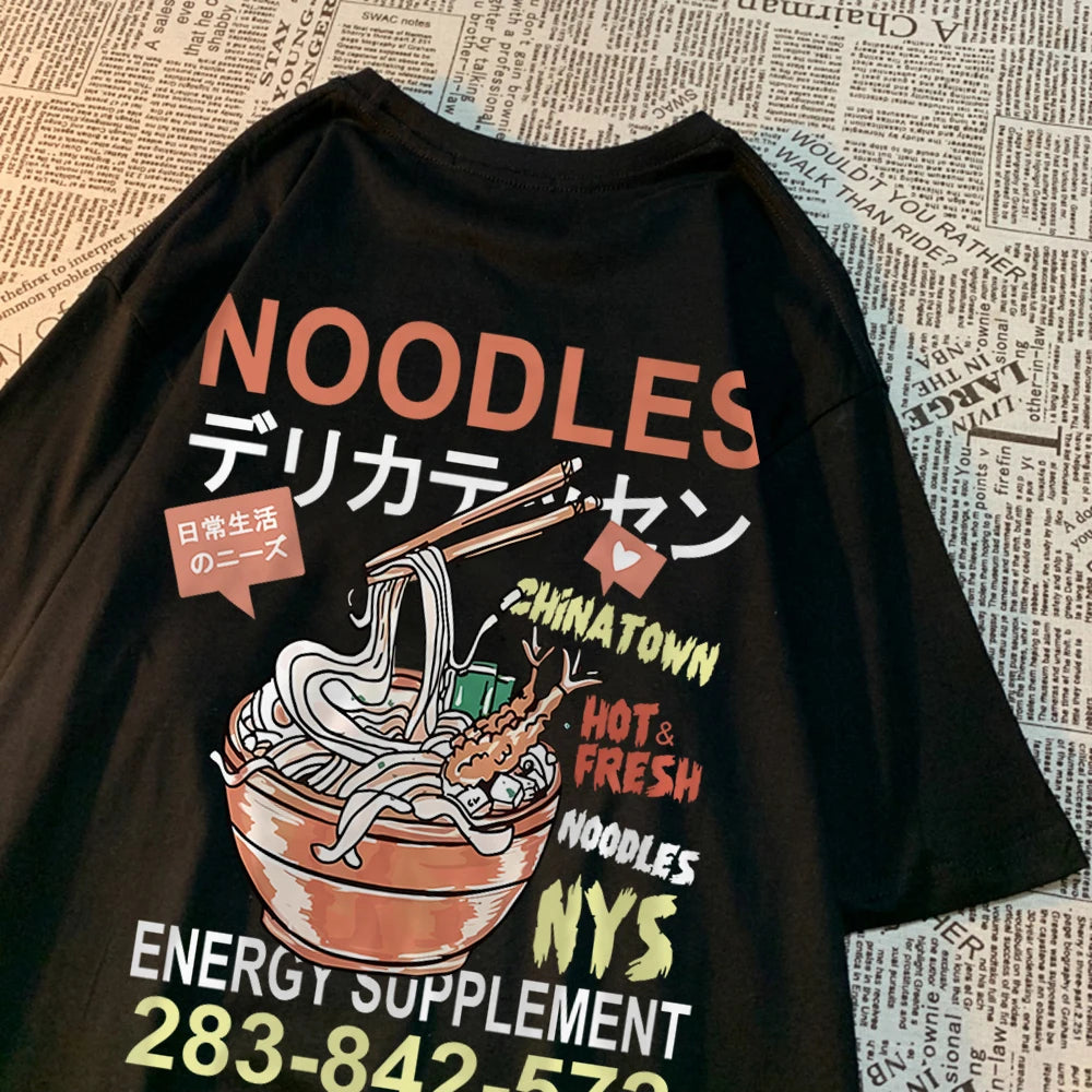 Anime Noodies Illustration Graphic Drawstring T Shirt Mens Loose Oversize New Tee Clothes Summer Cotton Tops Creativity T Shirts