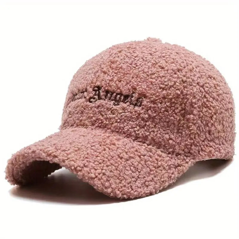 Letter Embroidery Baseball Cap Solid Color Lamb Wool for Warmth Duckbill Cap Teddy Plush Street Fashion Versatile Hip-hop Cap