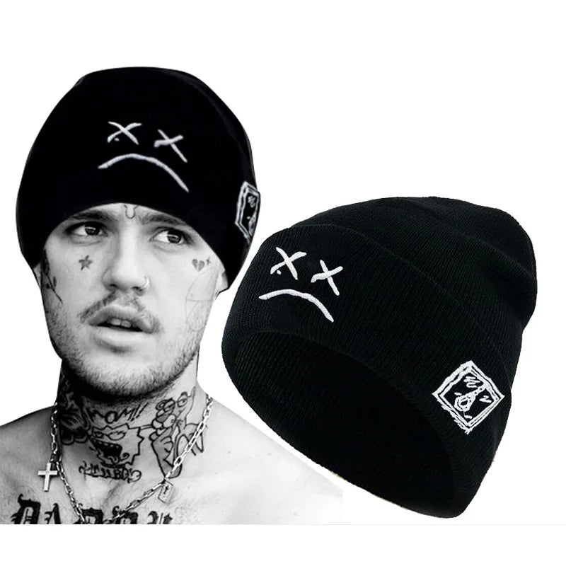 Winter LilPeep embroidered knitted hat sad face expression funny men women beanie hat