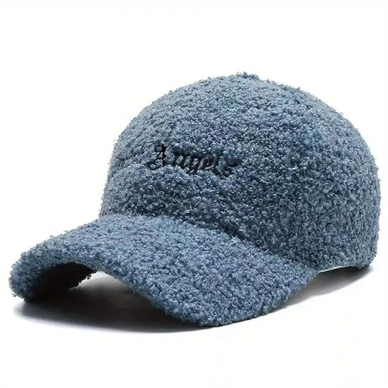 Letter Embroidery Baseball Cap Solid Color Lamb Wool for Warmth Duckbill Cap Teddy Plush Street Fashion Versatile Hip-hop Cap