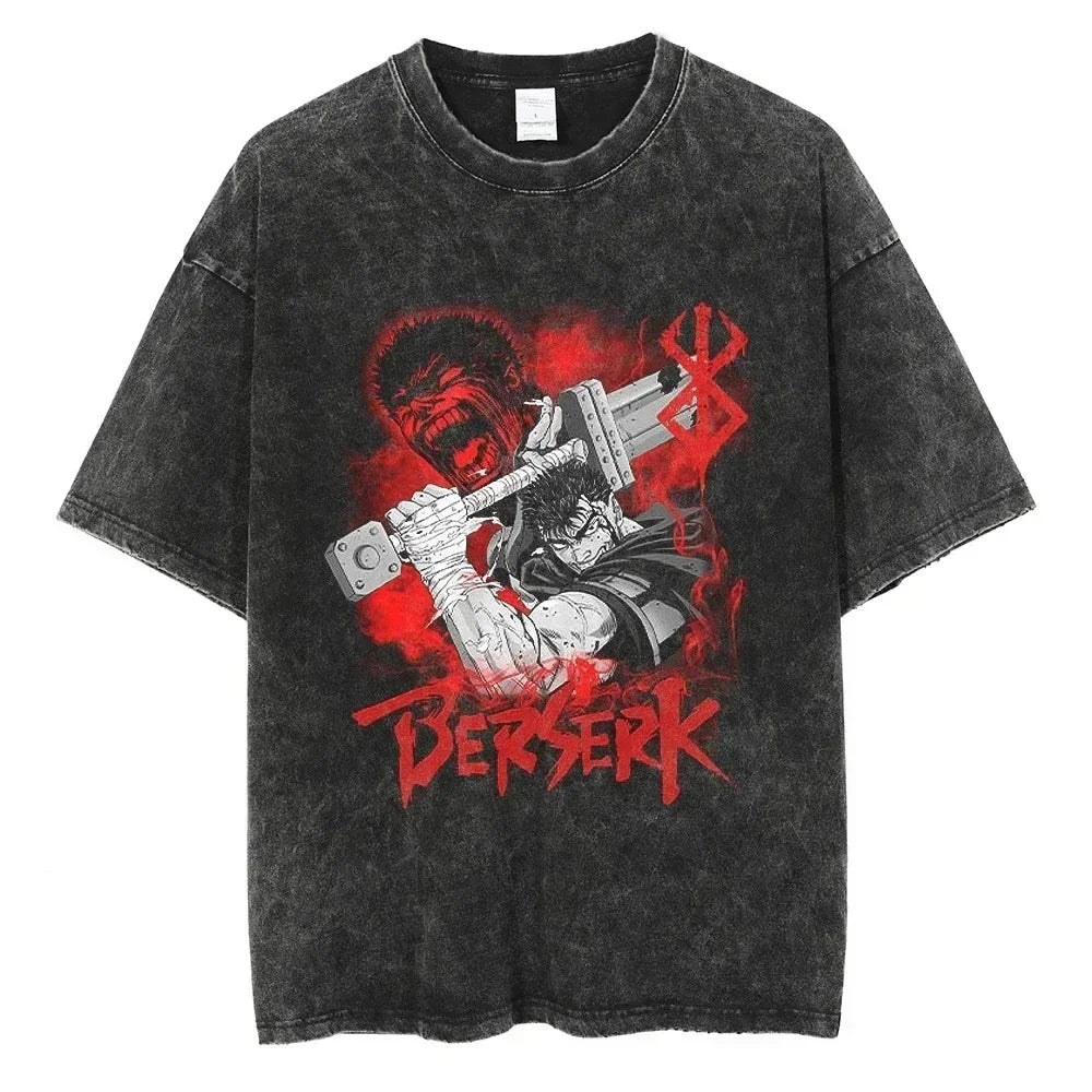 Berserk Print T Shirt Men Vintage Washed T-Shirt Anime Guts Graphic Tshirt Hiphop Streetwear Tees Summer Casual Berserk Clothes