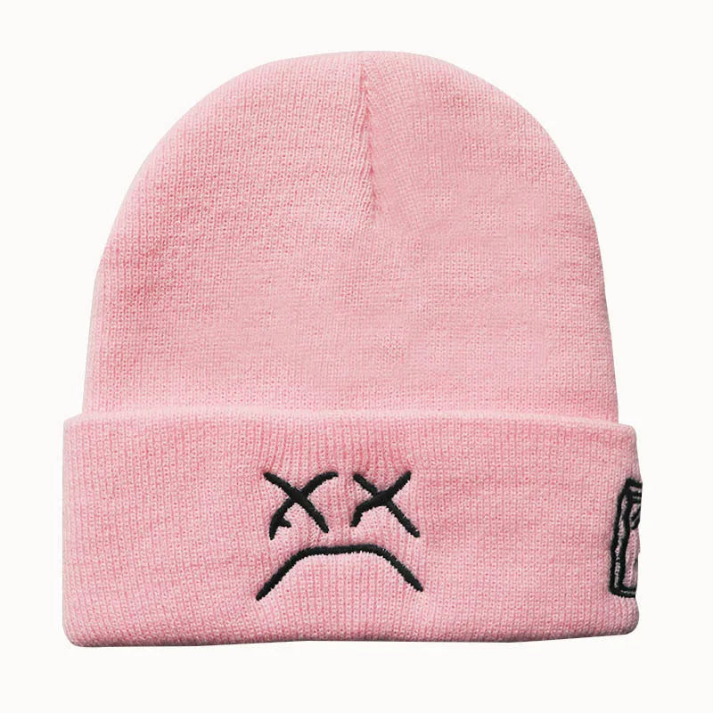 Winter LilPeep embroidered knitted hat sad face expression funny men women beanie hat