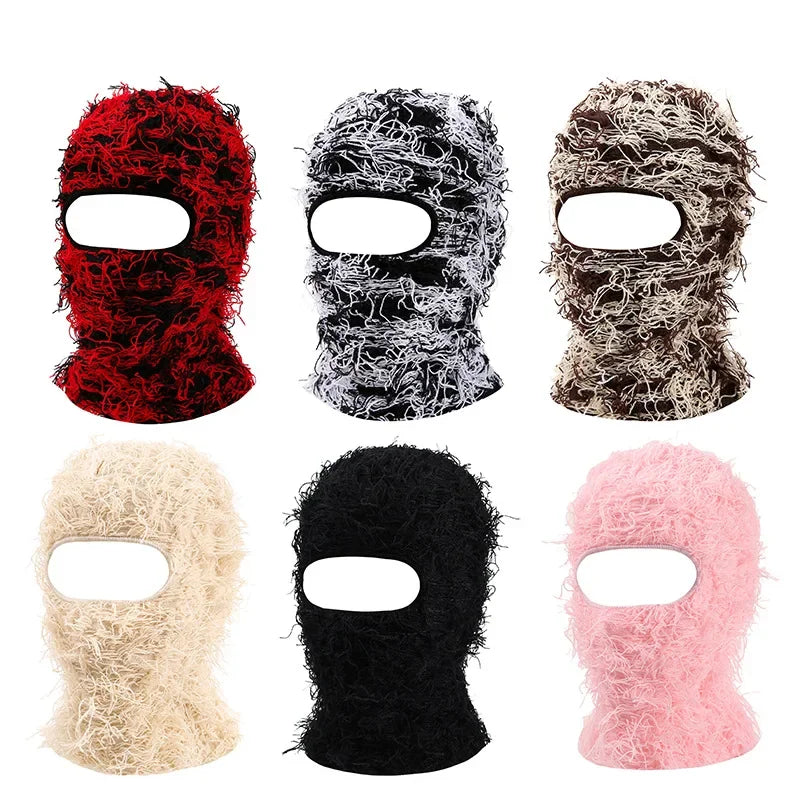 2024 New Hip Hop Balaclava Distressed Knitted Caps Full Face Ski Mask Women Outdoor Camouflage Fuzzy Ski Balaclava Beanies Hat