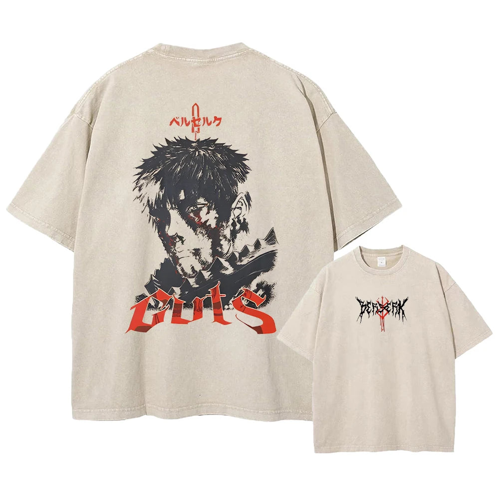 Anime Berserk Guts Acid Tshirt Retro Vintage Washed Graphic Tees Men Harajuku Cotton Casual Short Sleeve Tshirt Tops Unisex