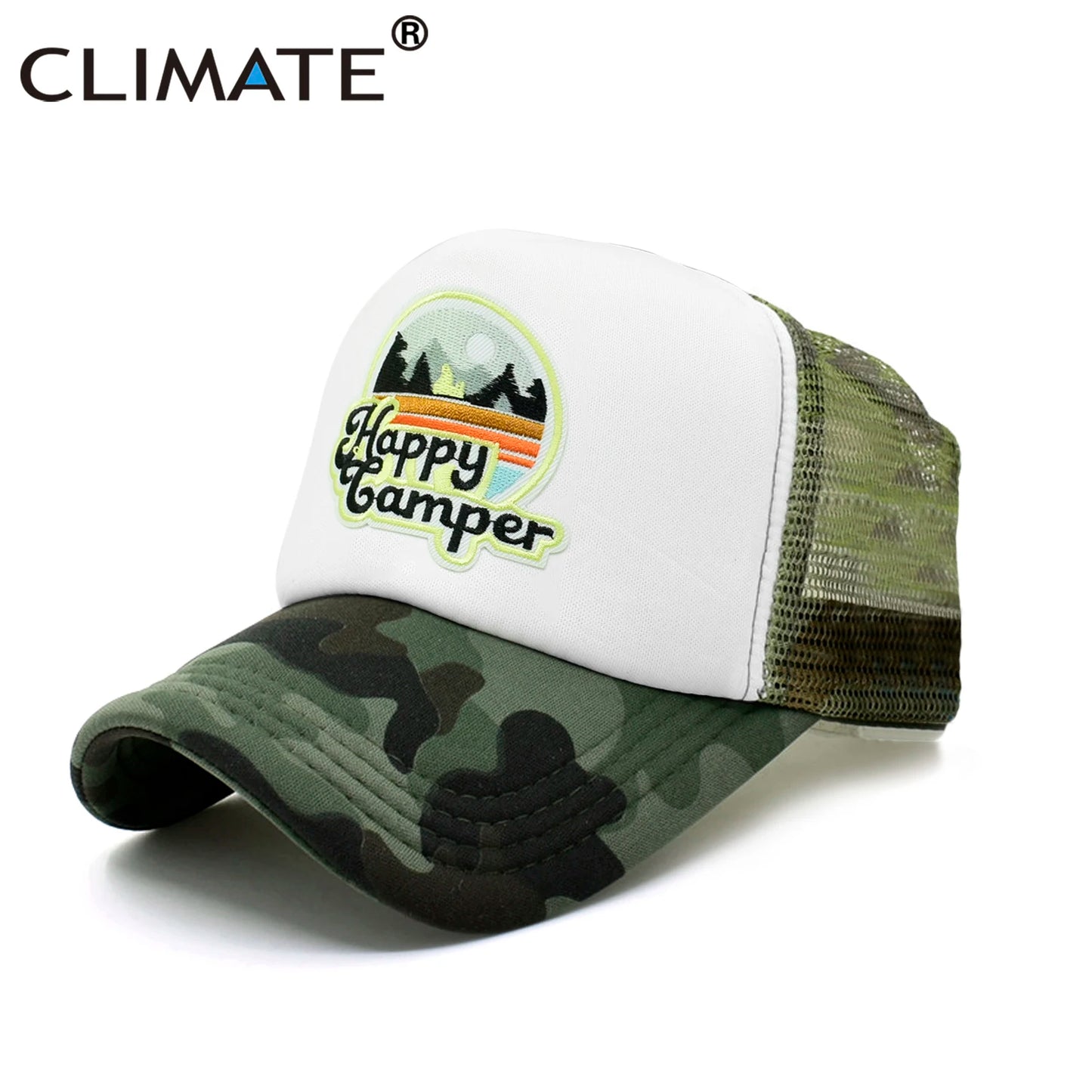 CLIMATE Happy Camp Cap Summer Camp Camping Trucker Cap Cool Camper Hiking Outdoor Sport Hat Cap Cool Mesh Cap Men Women Kid