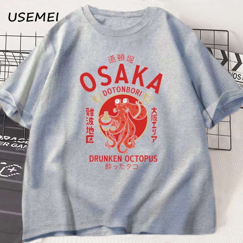 Osaka Dotonbori Drunken Octopus Graphic T Shirts Japanese Style Street Food Lover Tshirt Cotton Vintage Short Sleeve Tees